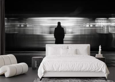 A man stands in the subway station, facing away from the camera with his back turned. Wall mural