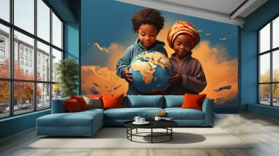 African american boy and girl holding Earth planet in hands, global warming concept Wall mural