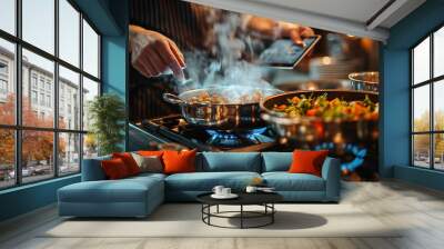 Chef cooking food in kitchen at restaurant. Close up of professional chef cooking vegetable stew on gas stove. Wall mural