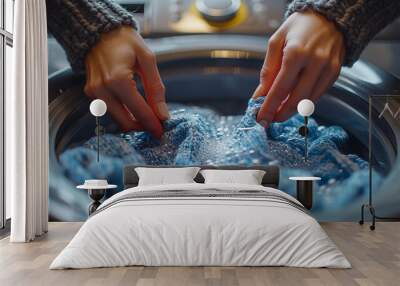 Close-up of female hands kneading blue woolen clothes in washing machine Wall mural