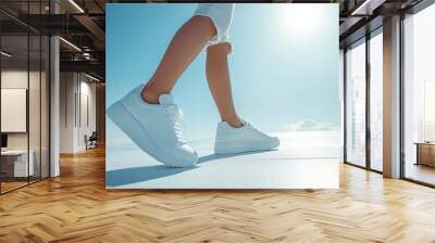 Female legs in white sneakers on a blue sky background. 3d rendering Wall mural