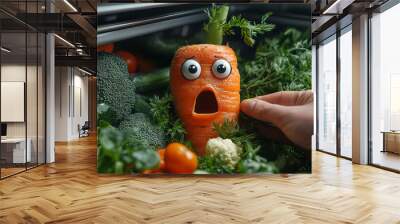 Funny face made of fresh vegetables in refrigerator, closeup view Wall mural