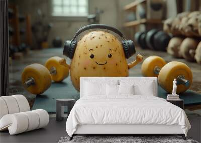 Funny potato with headphones and dumbbells in the gym. Wall mural