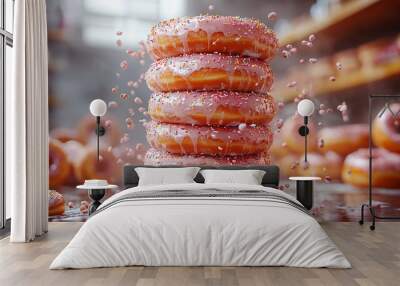 Glazed donuts with sprinkles flying in the air. 3d rendering Wall mural