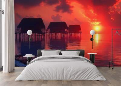 Sunset Overwater Bungalows - Tropical Vacation, Serene Getaway, Nature Photography Wall mural