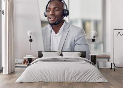 Call center, man and computer for typing with smile, reading and tech support with happiness at job. African telemarketing consultant, desktop pc and writing email for communication in customer care Wall mural