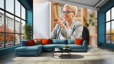 Computer, success and business black woman for office desk solution, problem solving and ppt presentation review with smile, African worker in glasses, corporate administration and desktop analysis Wall mural