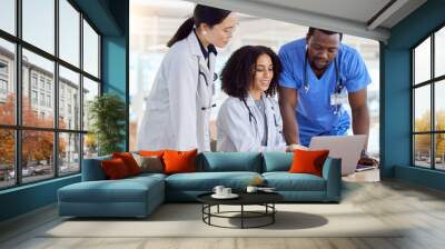 Laptop, group collaboration or doctors reading healthcare results, online clinic feedback or medicine report. Hospital diversity, communication or medical nurse, surgeon or staff teamwork on research Wall mural