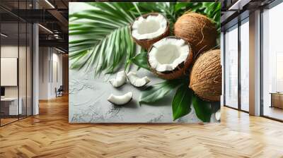 Tropical Summer Vibes with Fresh Coconuts and Palm Leaves for Natural Decor Design Wall mural