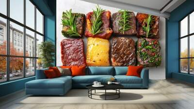 Variety of Gourmet Beef Cuts with Fresh Rosemary on White Background for Culinary Inspiration and Recipe Ideas Wall mural