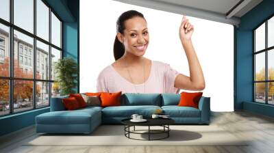 Black woman, happy portrait and pointing finger in studio for advertising mockup, marketing promo or sales product suggestion. Smile, point hands and vision motivation isolated in white background Wall mural