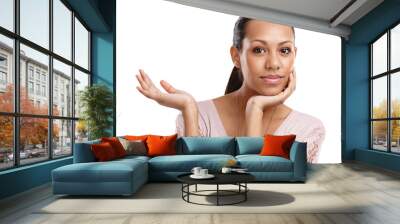 Black woman, portrait and hand palm for advertising space for product placement and motivation. Face of female model holding mockup for promotion, discount or deal offer isolated on white background Wall mural