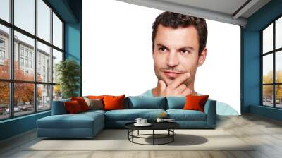 Man, serious face and thinking hands in white background for idea planning, inspiration mindset and thoughtful ideas. Person, vision success and mindfulness, pensive doubt or worry isolated in studio Wall mural