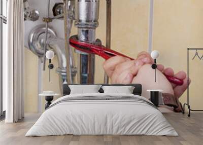 studio-shot of a plumber repairing the drain of a sink. Wall mural