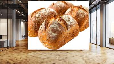 Artisan rye bread loaves with sesame seeds isolated on a white or transparent background. Crusty and freshly baked, perfect for rustic cuisine, an element of healthy meals, and gourmet food design. Wall mural