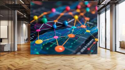 A detailed close-up of a colorful network data visualization chart with interconnected nodes and lines representing data points. Wall mural