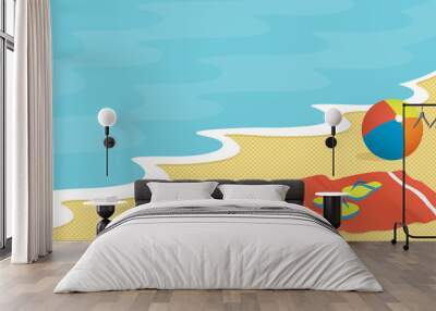 Beach scene with towel, flip-flops, and beach ball Wall mural