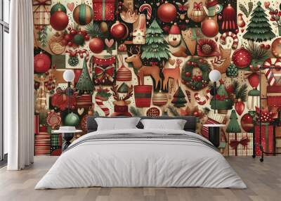 Christmas collage with reindeer, Christmas tree and other holiday elements Wall mural