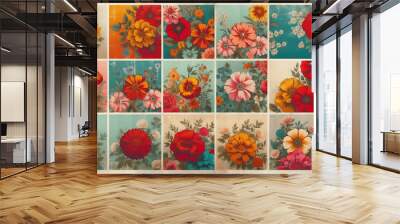 Collage of floral patterns, aged, vintage texture, with partially faded elements, worn look Wall mural