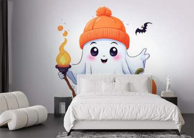 Cute ghost wearing an orange hat with a pumpkin and holding an oil lamp in Halloween style Wall mural