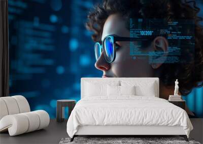 Profile of a young white curly woman wearing glasses, with digital code integration merging into her face Wall mural