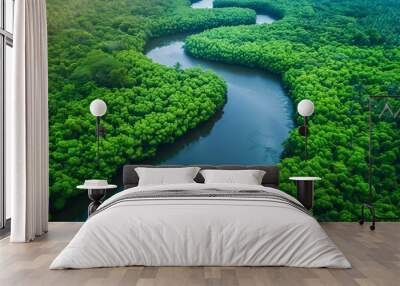 Lush green river meandering through dense forest in a tranquil landscape. Generative AI Wall mural