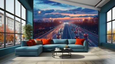 Traffic on a highway during sunset with colorful clouds and city lights. Generative AI Wall mural