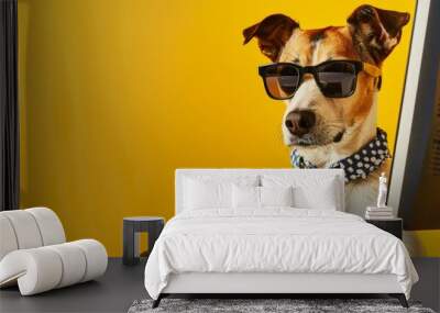 Cool dog in a shirt and tie working at a computer on a yellow background. Wall mural