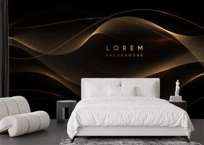 Gold wave lines on black background Wall mural