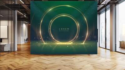 Golden light circle rings on green background Wall mural