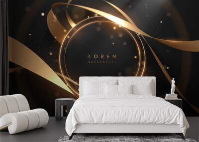 Golden light rings with ribbons on black background Wall mural