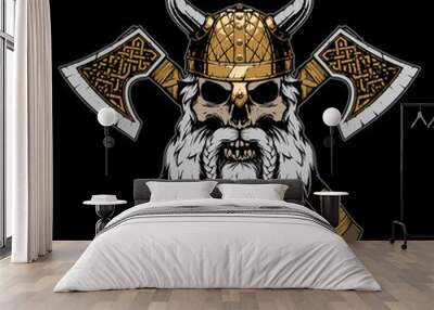 Viking skull illustration on black background Wall mural