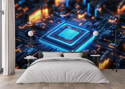 A futuristic view of a motherboard where the microchip shines with electric blue neon, creating a captivating glow that highlights the board’s detailed features Wall mural