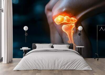 A graphic representation of a knee joint, detailed close-up of a knee joint with worn-out cartilage Wall mural