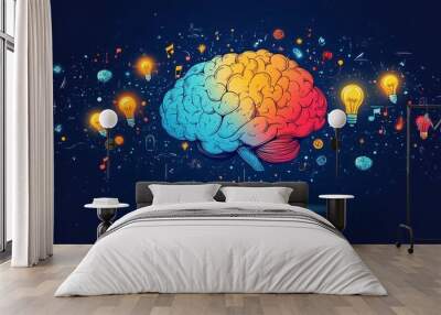 Brain is Blooming Creativity color full, Each beam could have small icons, such as light bulbs, books, or musical notes, symbolizing the manifestation of creative Wall mural