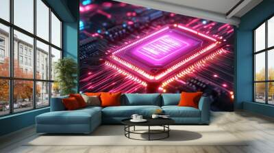 the central microchip glowing in bright pink neon, casting a soft light across the circuits and components Wall mural