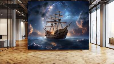 pirate ship sails through the clouds in night sky  Wall mural