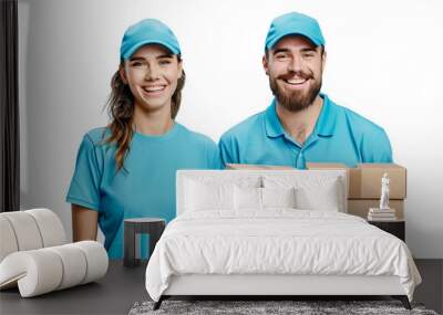 Couple delivery staff holding cardboard boxes Wall mural