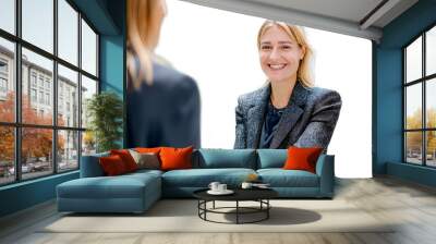 Happy mid aged business woman manager handshaking at office meeting on white Wall mural