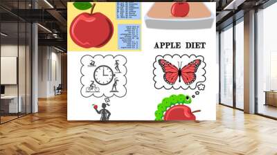 Apple diet set. Vector illustration on an apple diet - lose weight. Infographics of the chemical and vitamin composition of an apple. A fat girl chooses between sport, diet and free time. Wall mural