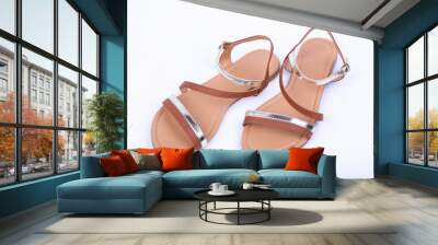 Women's brown sandals on white background. top view Wall mural