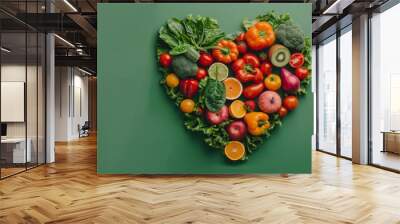 Abstract Heart Shape Made of Various Fresh Fruits and Vegetables on Green Background, Promoting Healthy Eating Habits, Poster for Fruit Store, Marketing Campaign Banner, AI-Generated High-Definition W Wall mural