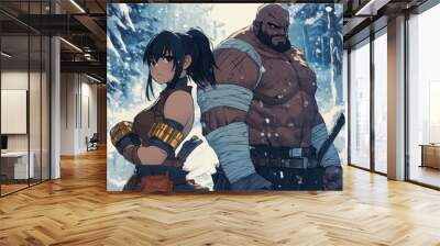 Anime-Style Winter Battle: Cute Girl with Brass Knuckles and Rugged Man in Bandages, Back-to-Back in Snowy Forest. 2D Art for 2025 Spring Festival and Christmas. Creative Game and Children's Book Illu Wall mural