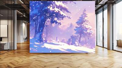 Enchanting Anime-Inspired Winter Wonderland: Ethereal Snowy Landscape with Warm Sunlight. Creative Pattern for Christmas Marketing and Seasonal Advertising. Serene 4K High-Definition Wallpaper Ideal f Wall mural