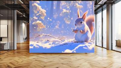 Enchanting Anime Winter Forest: Adorable Squirrel in Snowy Wonderland. AI-Generated 4K Art for Creative Marketing, VTubers, and Streamers. Perfect for 2025 Winter Holidays, New Year, and Christmas Des Wall mural