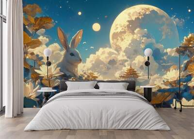 Enchanting Mid-Autumn Festival Scene: 3D Mooncake Celebration with Whimsical Clouds, Lotus Flowers, Leaves, and Rabbits. Abstract Anime-Inspired Landscape for Creative Marketing. AI-Generated 4K Wallp Wall mural