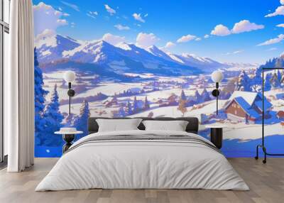 Enchanting Winter Wonderland: Serene Snowscape with Vibrant Red Buildings. Anime-Style 4K Scene Featuring Snow-Covered Mountains, Trees, and Crisp Blue Sky. Perfect for 2025 Winter Marketing, UI Desig Wall mural