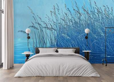 High-Resolution AI-Generated Wallpaper of Vast Reeds and Blue Sea on Pure Blue Background, Reflecting Botanical Beauty and Seasonal Changes in Nature,No one, vacation, vacation, high-definition wallpa Wall mural