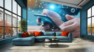 Man Using Smartphone and Laptop Connected with Digital Technology and Internet Network for IoT, Digital Marketing, and E-commerce, Global Business Concept, AI-Generated High-Resolution Wallpaper Wall mural