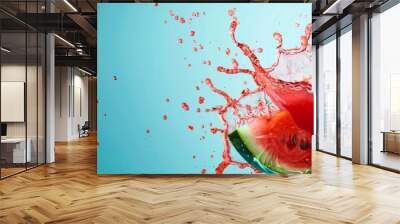 Summer fruit, watermelon juice splash, on blue clean isolated background, as wide business banner design with copy space, New Year, Christmas theme, 4k HD wallpaper generated by AI, HD wallpaper, back Wall mural